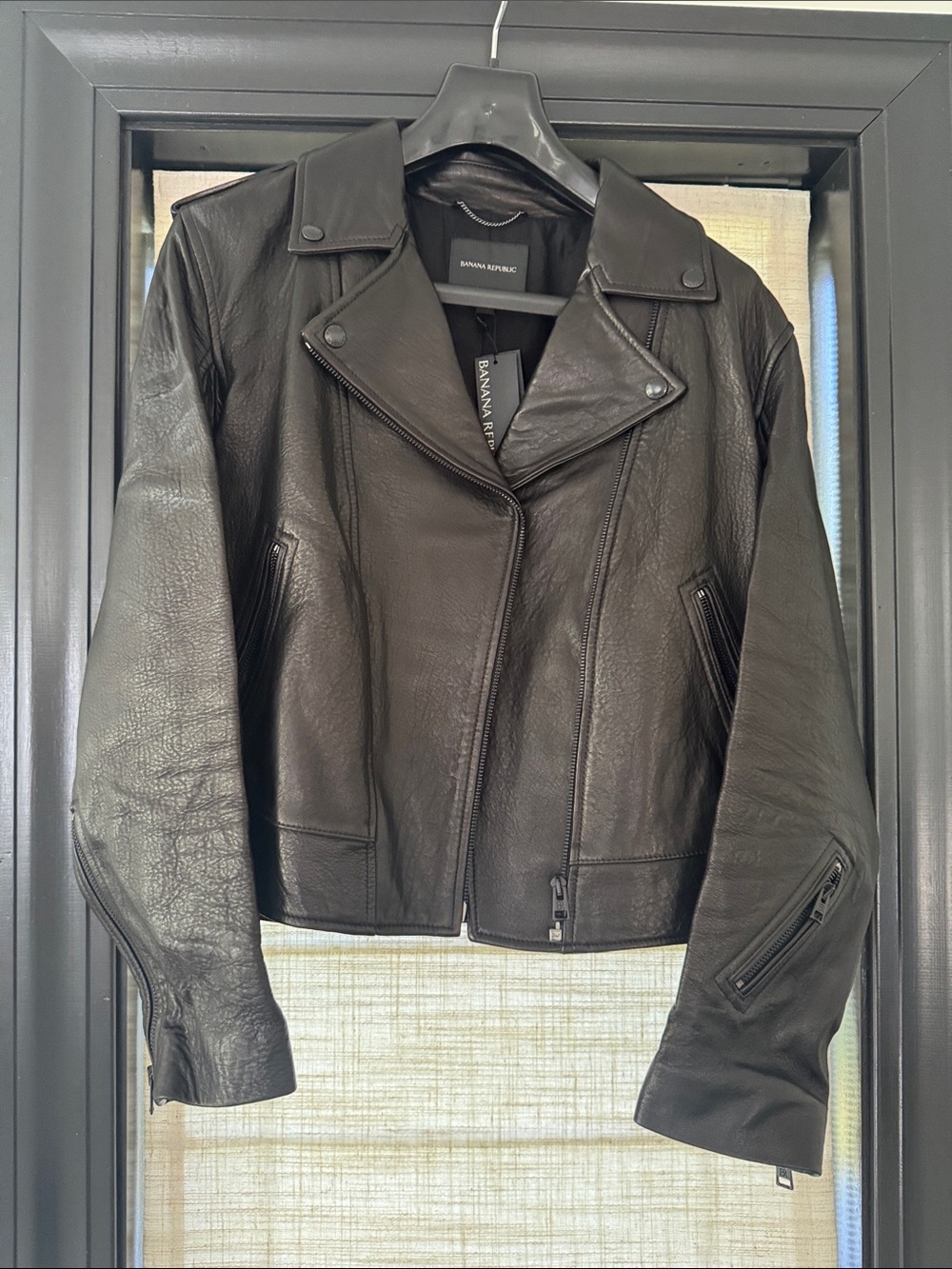 NWT Banana Republic Essential Black Leather Jacket with Zip Pockets XL - Picture 2 of 13